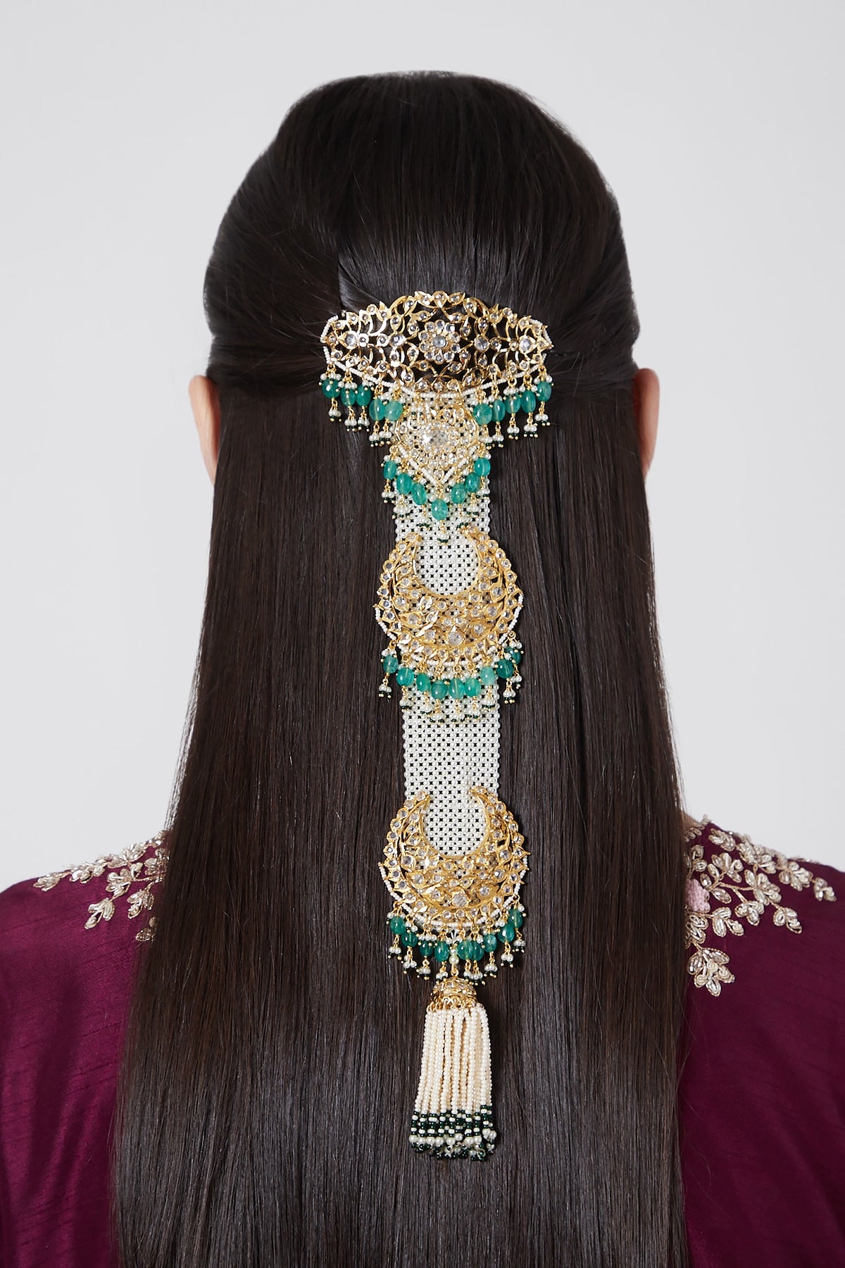 Gold Plated Kundan Polki & Pearl Hair Chain