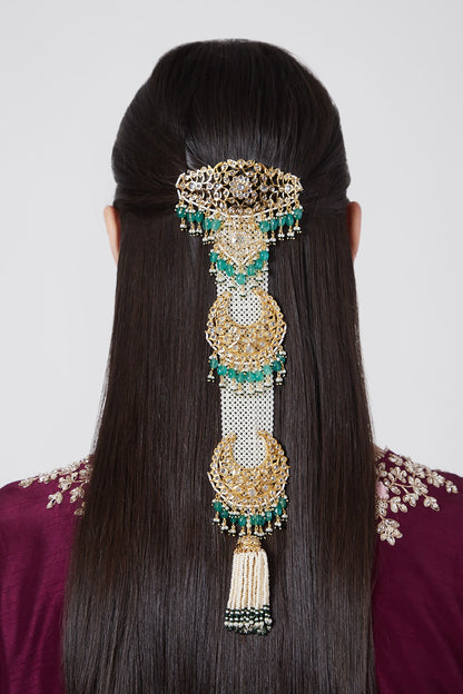 Gold Plated Kundan Polki & Pearl Hair Chain
