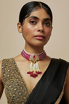 Gold Plated Kundan Polki & Pearl Choker Necklace