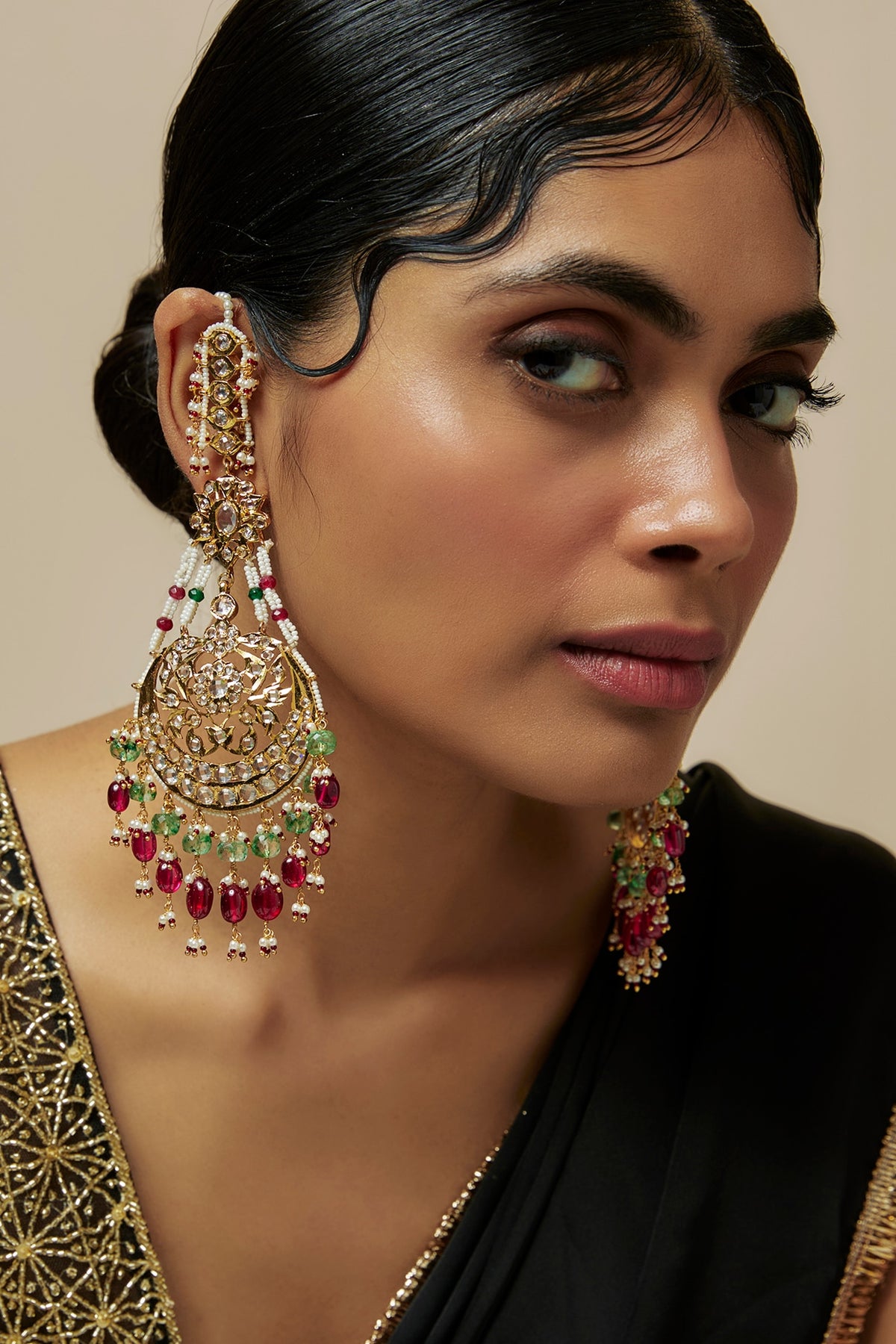 Gold Plated Kundan Polki & Multi-Colored Stone Chandbaali Earrings