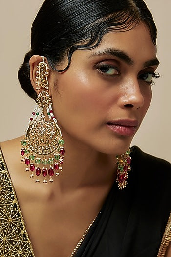 Gold Plated Kundan Polki & Multi-Colored Stone Chandbaali Earrings