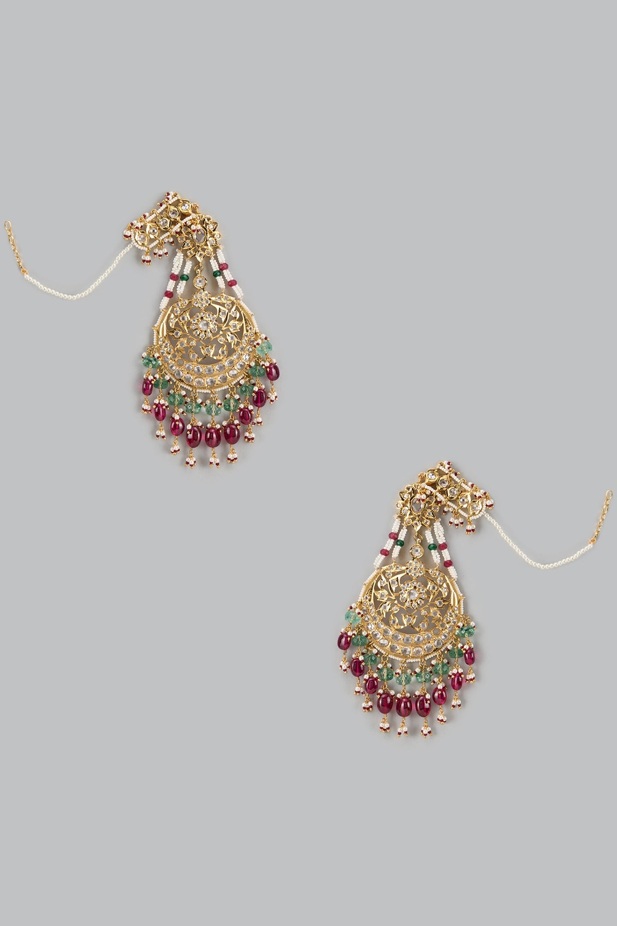 Gold Plated Kundan Polki & Multi-Colored Stone Chandbaali Earrings