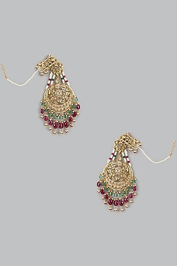 Gold Plated Kundan Polki & Multi-Colored Stone Chandbaali Earrings