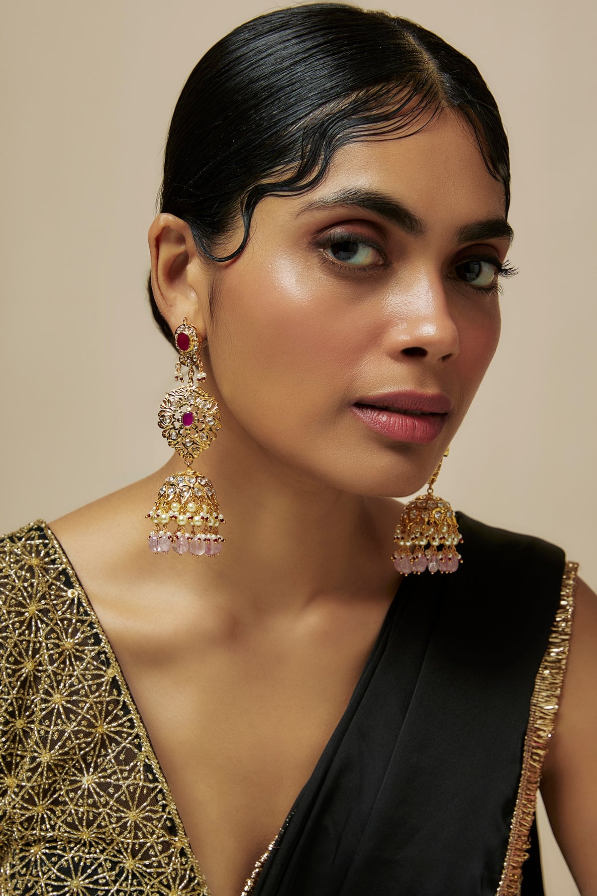 Gold Plated Kundan Polki & Pearl Jhumka Earrings
