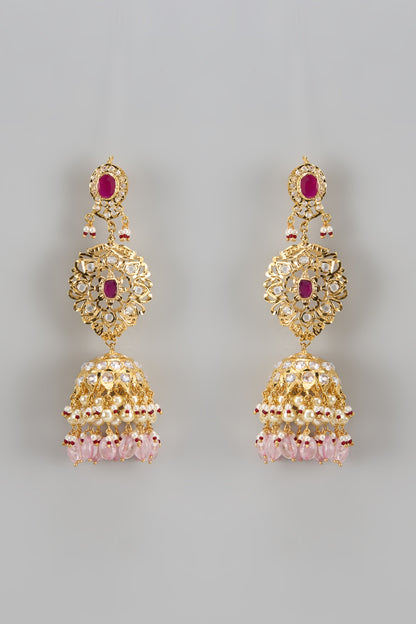 Gold Plated Kundan Polki & Pearl Jhumka Earrings