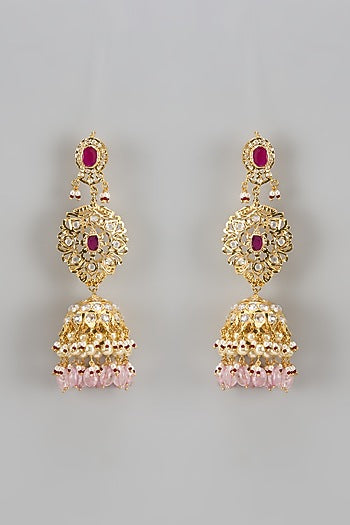 Gold Plated Kundan Polki & Pearl Jhumka Earrings