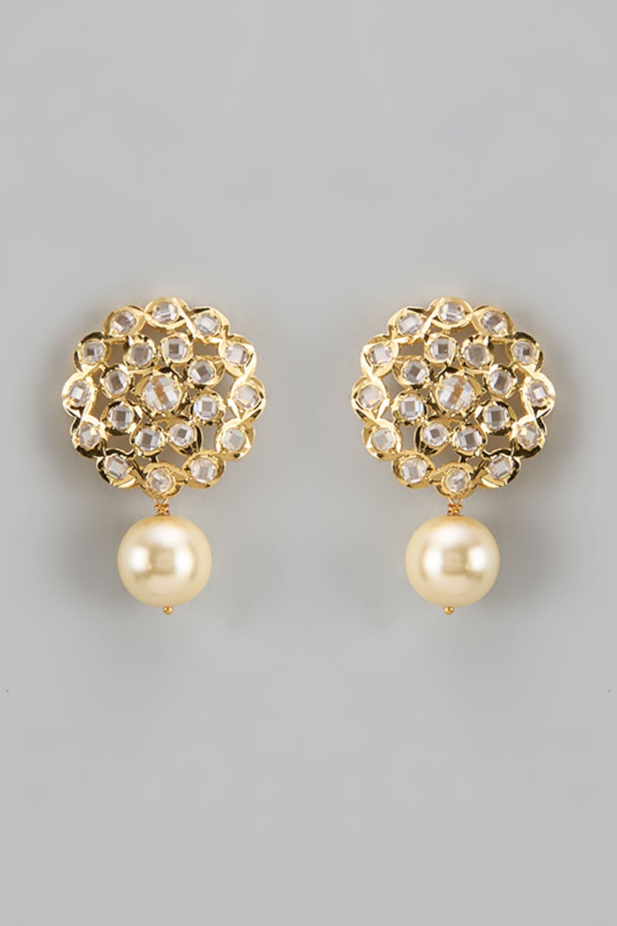 Gold Plated Kundan Polki & Pearl Stud Earrings
