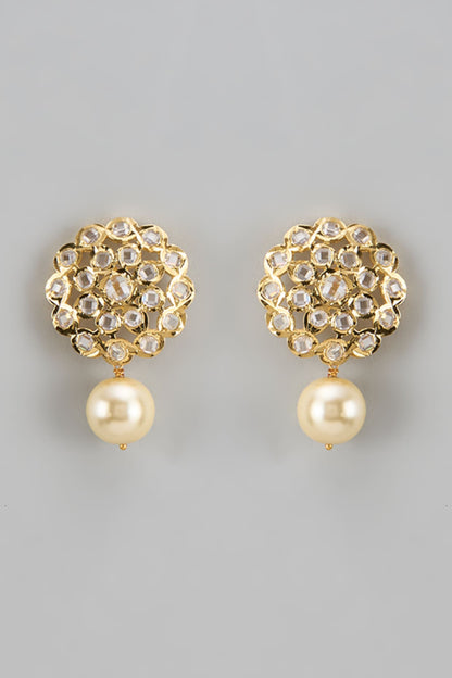 Gold Plated Kundan Polki & Pearl Stud Earrings