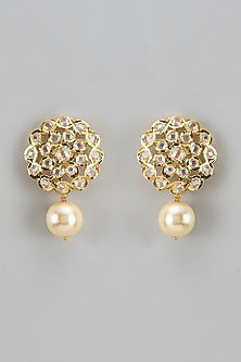 Gold Plated Kundan Polki & Pearl Stud Earrings
