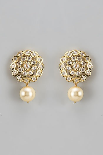 Gold Plated Kundan Polki & Pearl Stud Earrings
