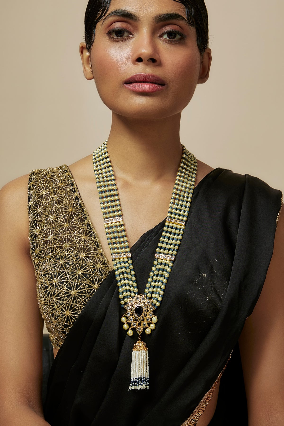 Gold Plated Kundan Polki & Pearl Necklace