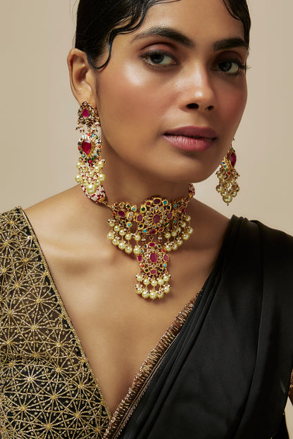 Gold Plated Kundan Polki & Navratna Choker Necklace Set