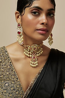 Gold Plated Kundan Polki & Navratna Choker Necklace Set