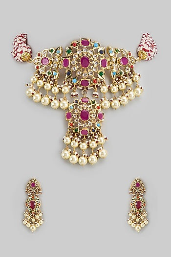 Gold Plated Kundan Polki & Navratna Choker Necklace Set