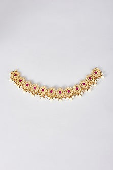 Gold Plated Kundan Polki & Red Onyx Anklets (Set Of 2)