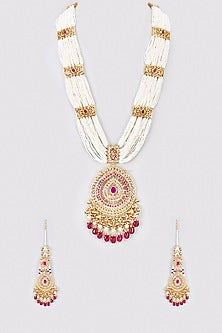 Gold Plated Kundan Polki & Red Onyx Long Necklace Set