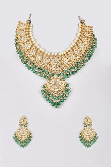 Gold Plated Kundan Polki & Green Bead Choker Necklace Set