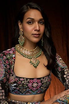 Gold Plated Kundan Polki & Green Bead Choker Necklace Set