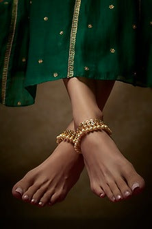Gold Plated Kundan Polki & Pearl Anklets (Set Of 2)