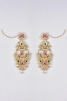 Gold Plated Kundan Polki & Navratna Stone Chandbali Earrings