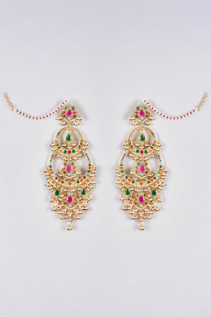 Gold Plated Kundan Polki & Navratna Stone Chandbali Earrings