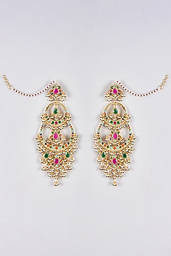 Gold Plated Kundan Polki & Navratna Stone Chandbali Earrings