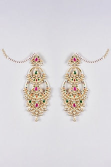 Gold Plated Kundan Polki & Navratna Stone Chandbali Earrings