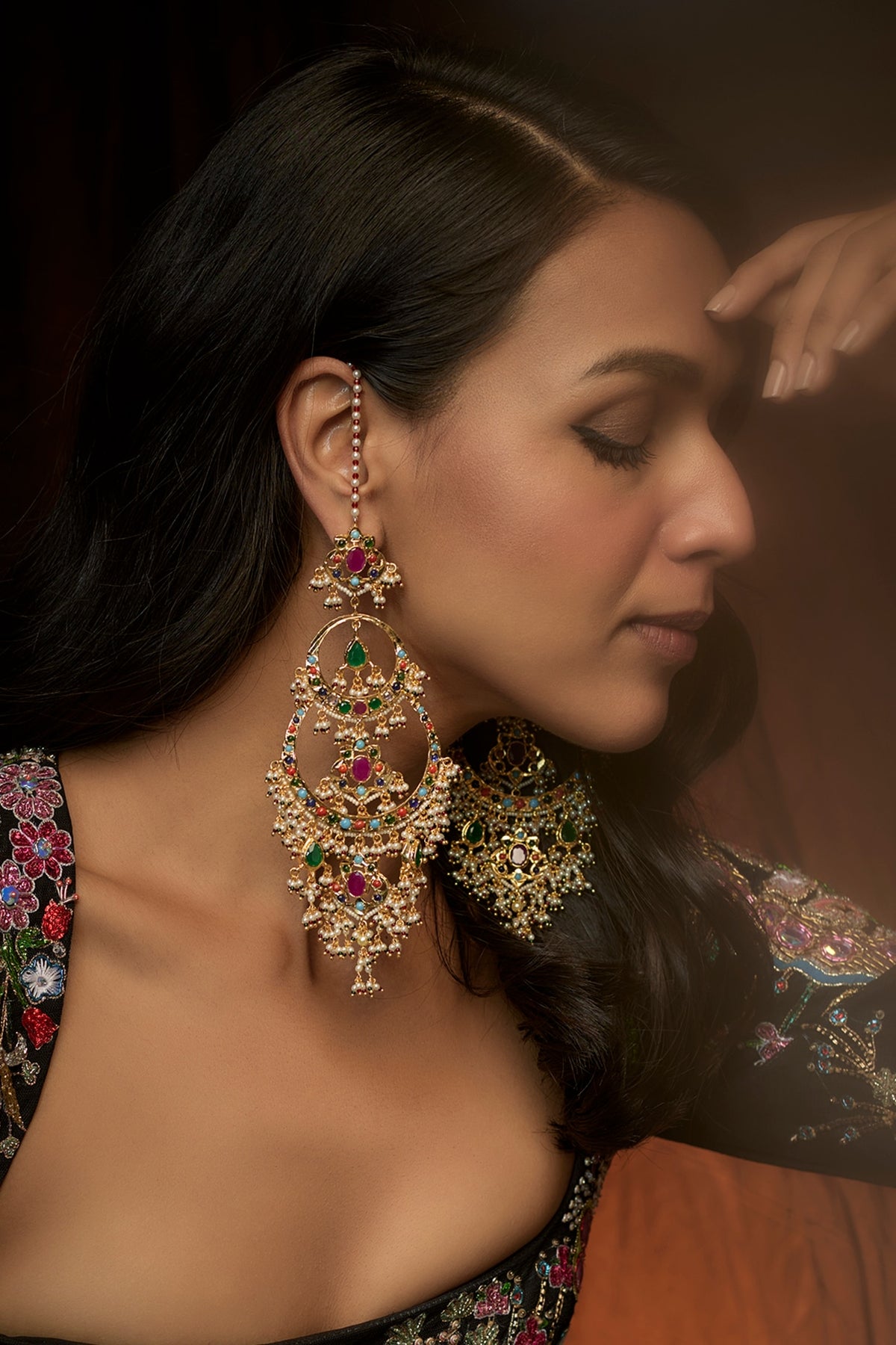 Gold Plated Kundan Polki & Navratna Stone Chandbali Earrings