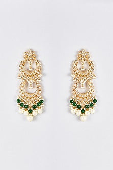 Gold Plated Kundan Polki & Green Onyx Chandbali Earrings