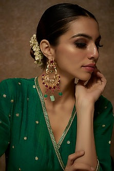 Gold Plated Kundan Polk & Onyx Chandbali Earrings