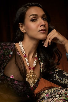 Gold Plated Kundan Polki & Onyx Long Necklace