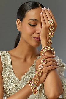 Gold Plated Kundan Polki & Navratna Stone Hathphool