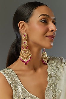 Gold Plated Kundan Polki & Red Onyx Dangler Earrings