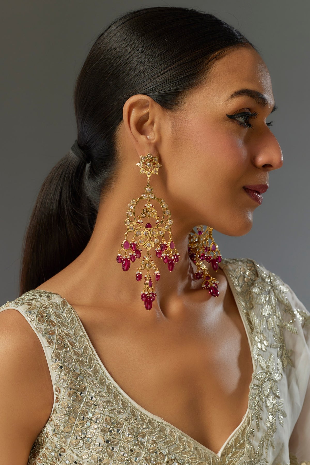 Gold Plated Kundan Polki & Red Onyx Dangler Earrings