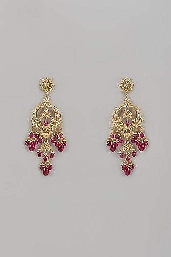 Gold Plated Kundan Polki & Red Onyx Dangler Earrings
