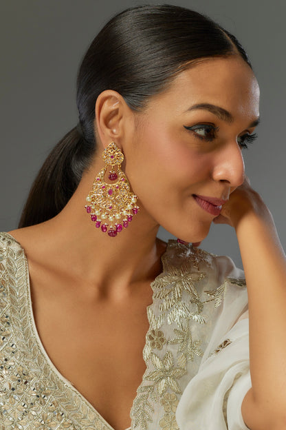 Gold Plated Kundan Polki & Red Carved Onyx Chandbali Earrings