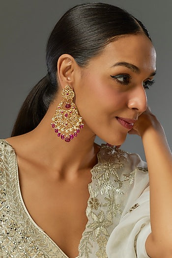 Gold Plated Kundan Polki & Red Carved Onyx Chandbali Earrings