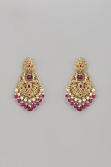 Gold Plated Kundan Polki & Red Carved Onyx Chandbali Earrings
