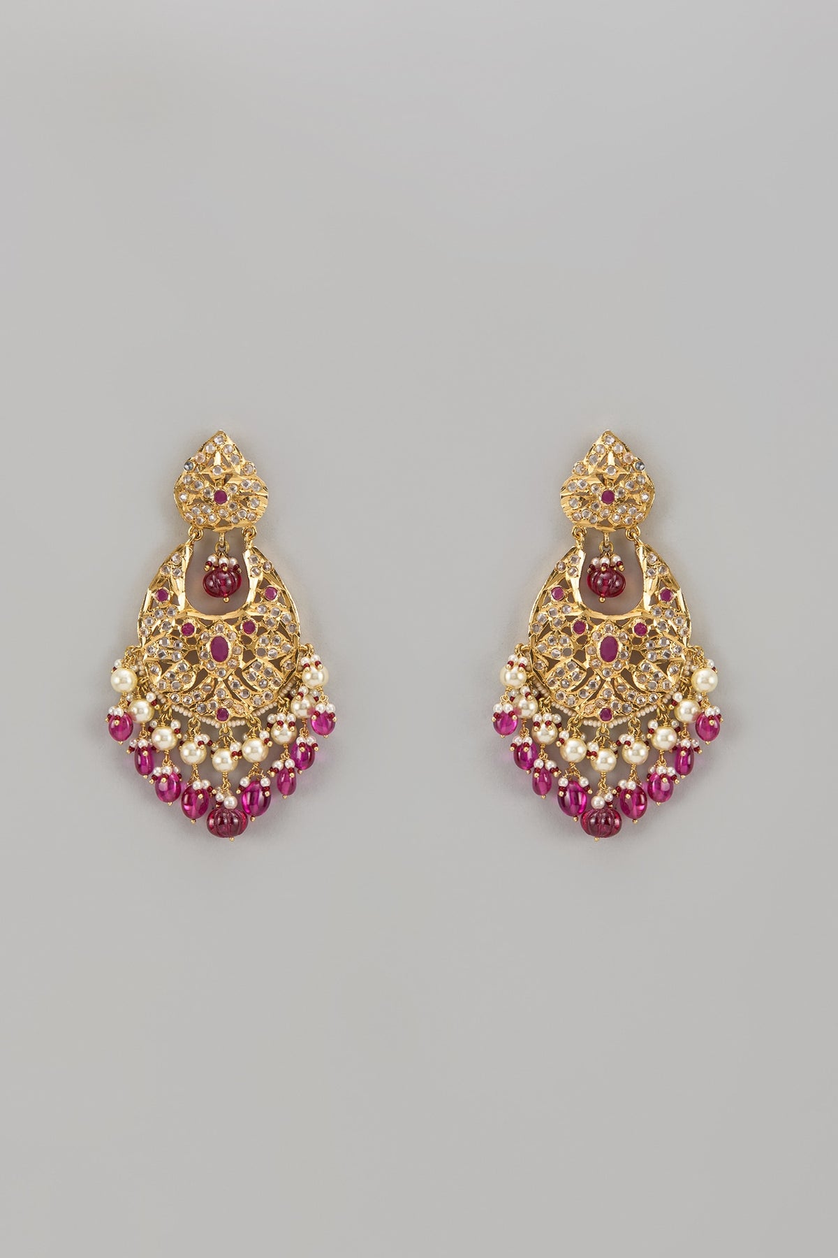 Gold Plated Kundan Polki & Red Carved Onyx Chandbali Earrings