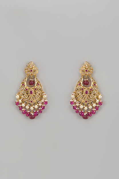 Gold Plated Kundan Polki & Red Carved Onyx Chandbali Earrings