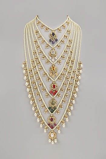Gold Plated Navratna Stone Sathlada Necklace