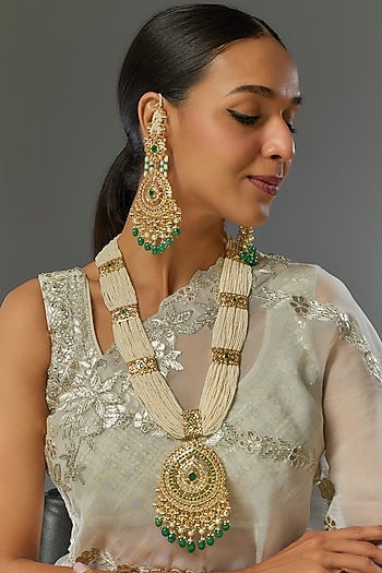 Gold Plated Kundan Polki & Green beaded Long Necklace Set