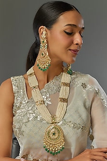 Gold Plated Kundan Polki & Green beaded Long Necklace Set