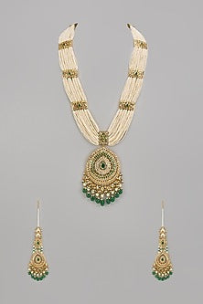Gold Plated Kundan Polki & Green beaded Long Necklace Set
