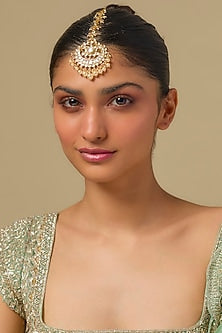 Gold Finish Kundan Polki Maangtikka In Sterling Silver
