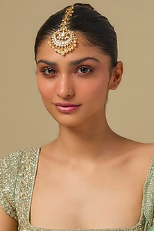 Gold Finish Kundan Polki Maangtikka In Sterling Silver