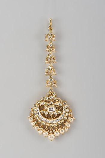 Gold Finish Kundan Polki Maangtikka In Sterling Silver
