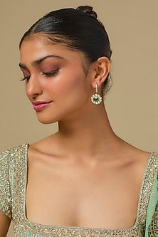 Gold Finish Kundan Polki & Emerald Stone Dangler Earrings In Sterling Silver
