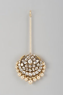 Gold Finish Kundan Polki & Pearl Maangtikka In Sterling Silver