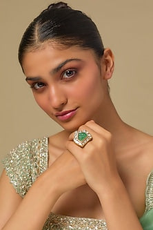 Gold Finish Kundan Polki & Emerald Stone Ring In Sterling Silver